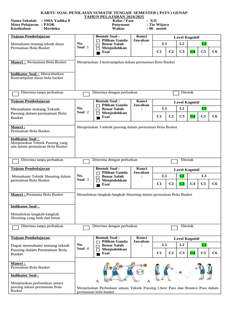 Kartu Soal PJOK Kelas 10 Semester Genap PDF