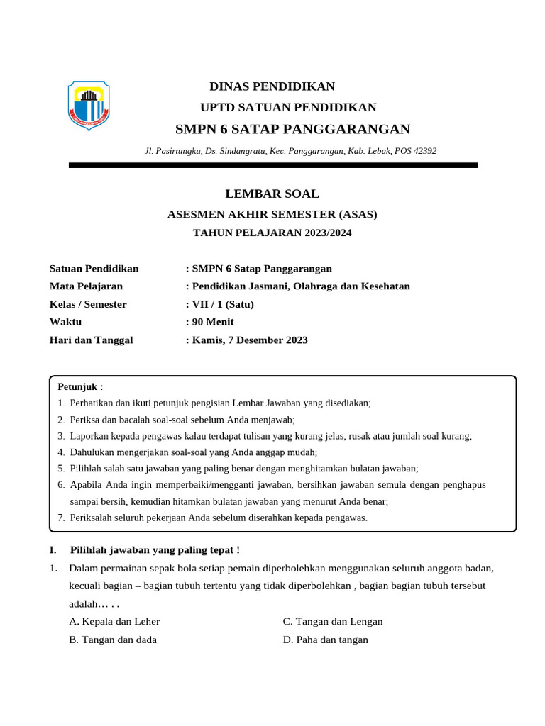 Bocoran 15 Soal PJOK Kelas 7 Semester 1 Paling Sering Muncul Saat Ujian Wajib Tahu