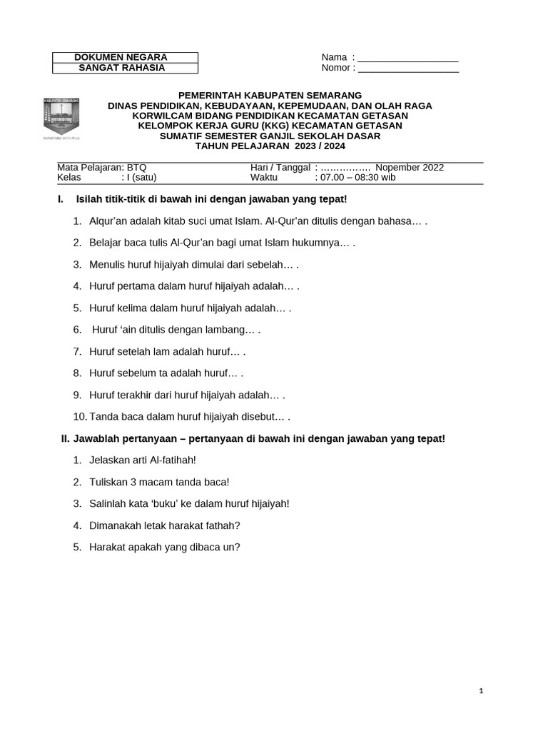 Soal BTQ Kelas 1 SD Semester 1 PDF