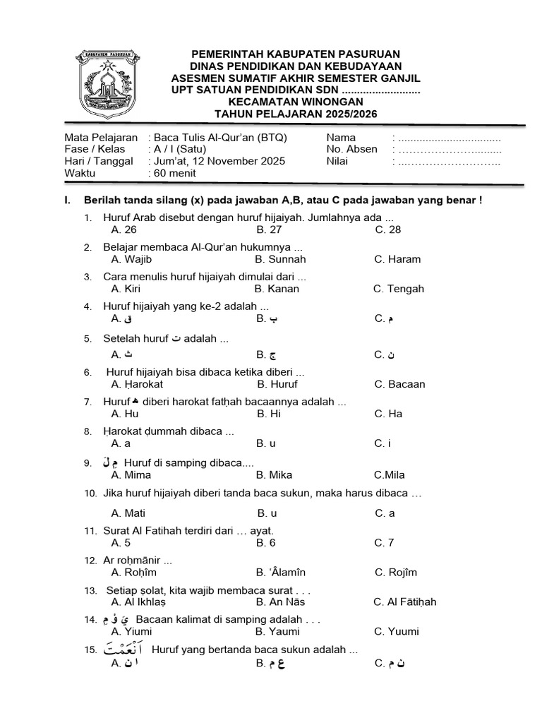 soal btq kelas 1