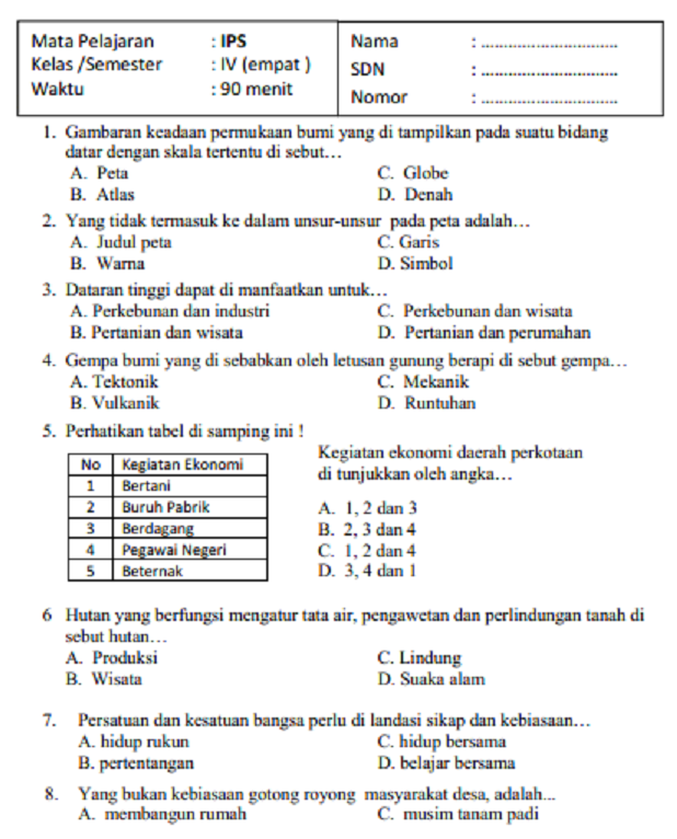 soal ips kelas 4 semester 1 dan kunci jawaban